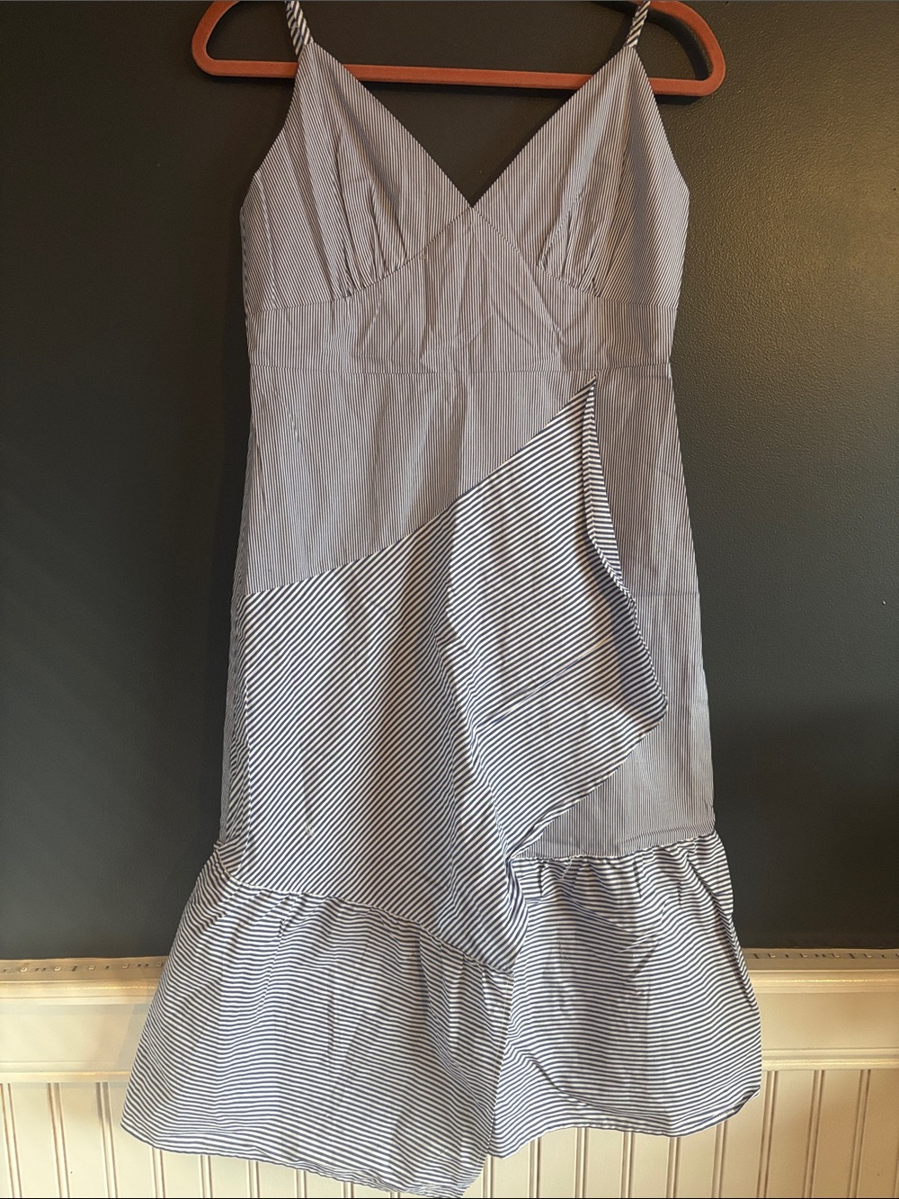 Kenar Blue and White Striped V-Neck Midi Dress